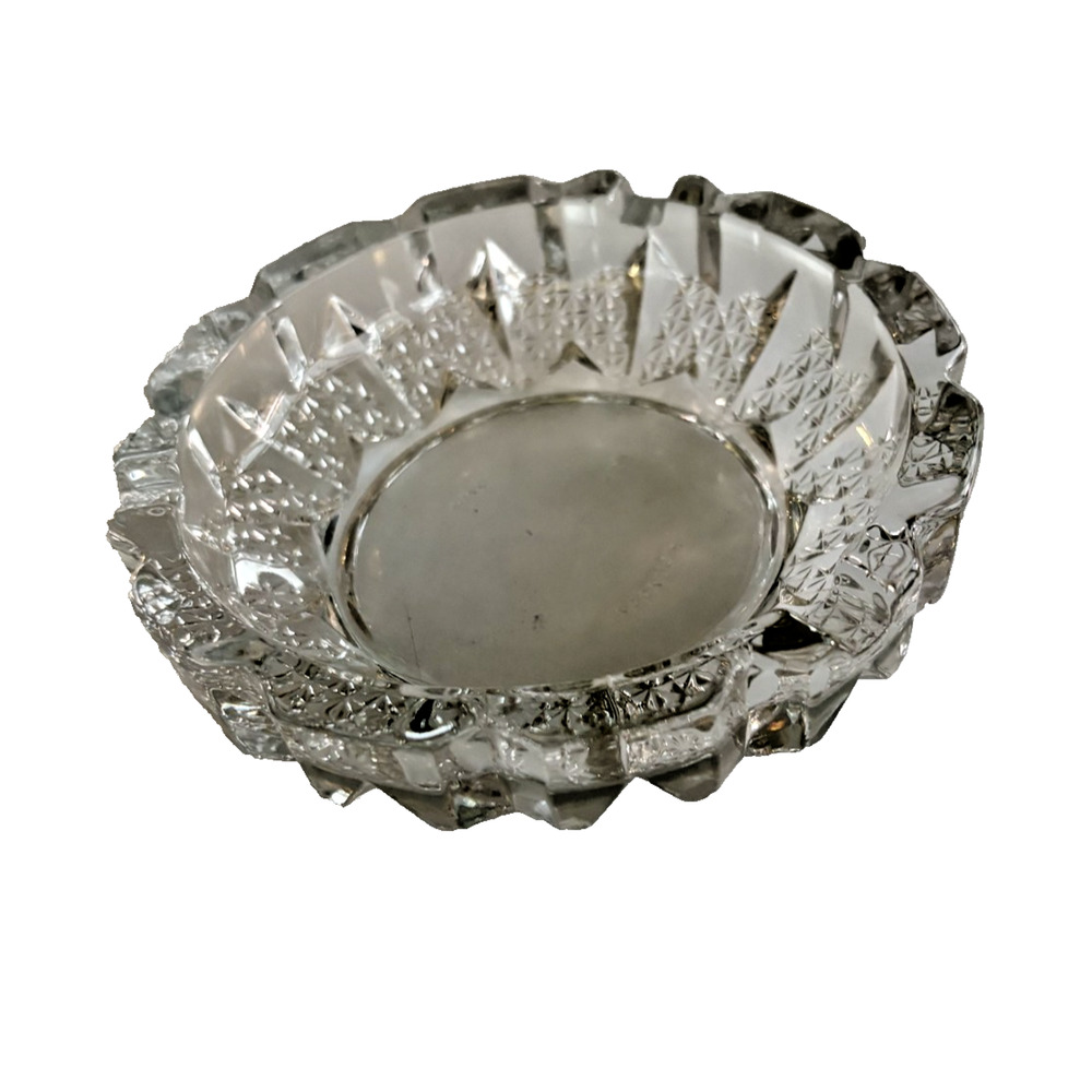 VTG 70s Large Ashtray Crystal Cut Glass Clear Cigar Cigarette Heavy Thick
